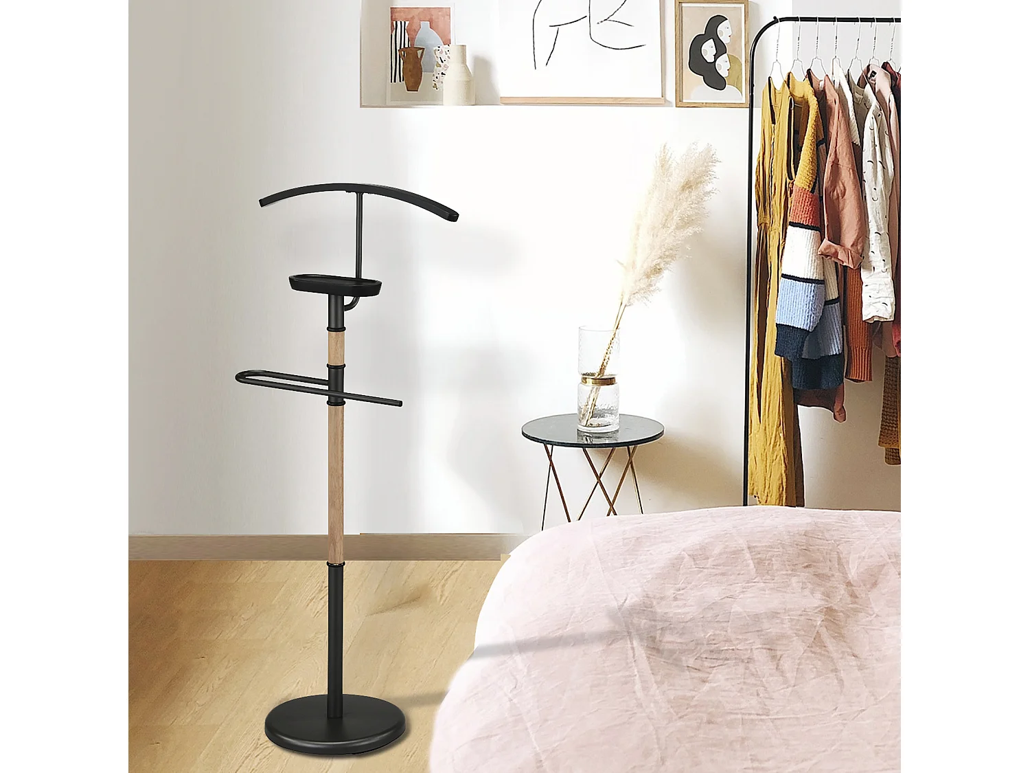 Valet de chambre - H110cm x L45cm x P28cm - métal et bois noir/chêne - Nature