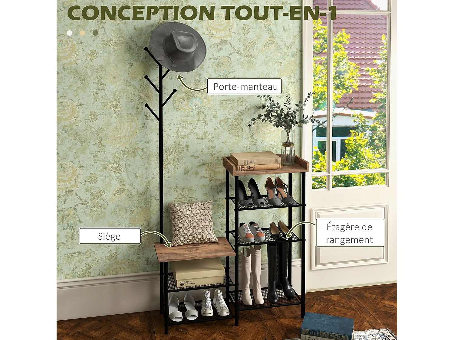 Vestiaire d'entrée banc porte-manteaux avec étagère à chaussures style industriel acier noir aspect bois