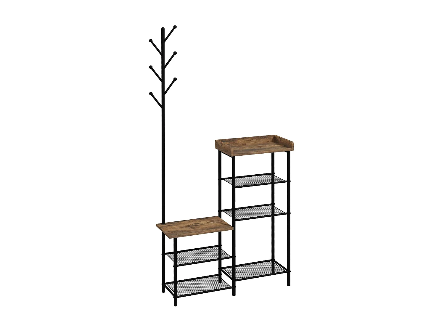 Vestiaire d'entrée banc porte-manteaux avec étagère à chaussures style industriel acier noir aspect bois