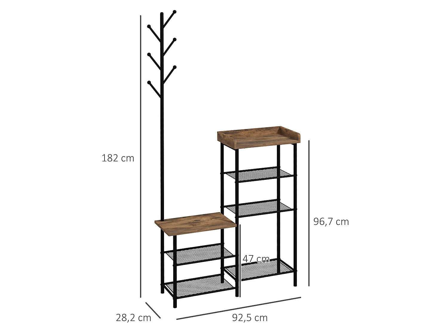 Vestiaire d'entrée banc porte-manteaux avec étagère à chaussures style industriel acier noir aspect bois