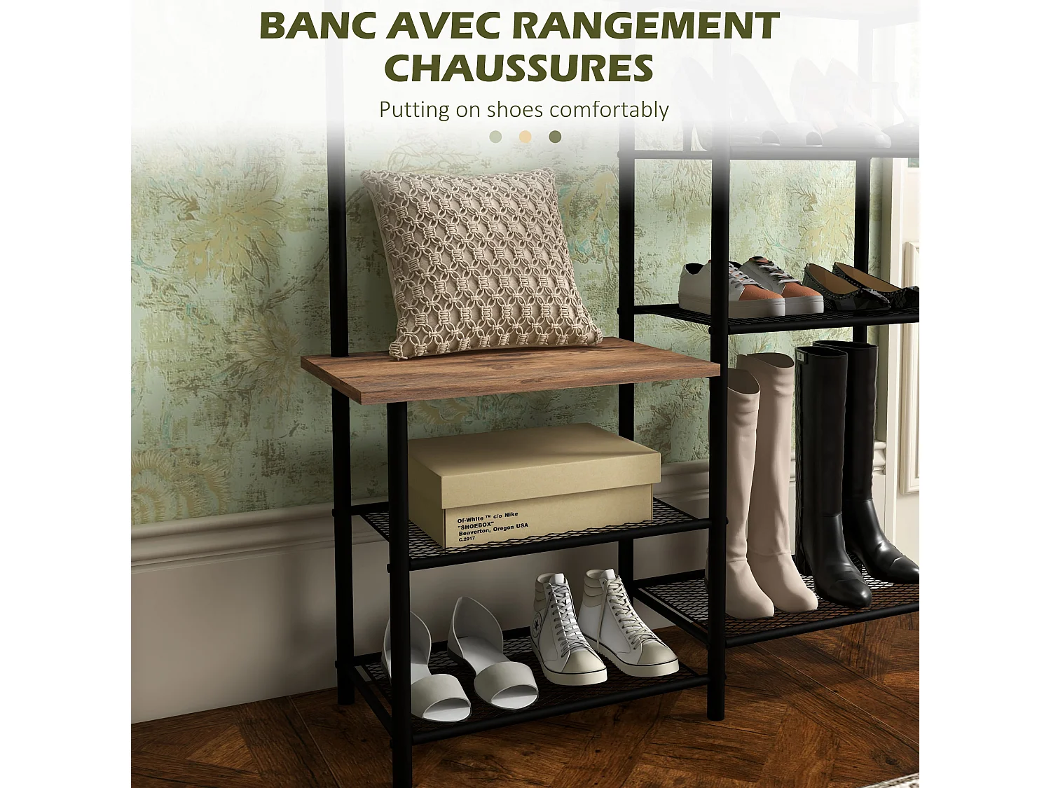 Vestiaire d'entrée banc porte-manteaux avec étagère à chaussures style industriel acier noir aspect bois