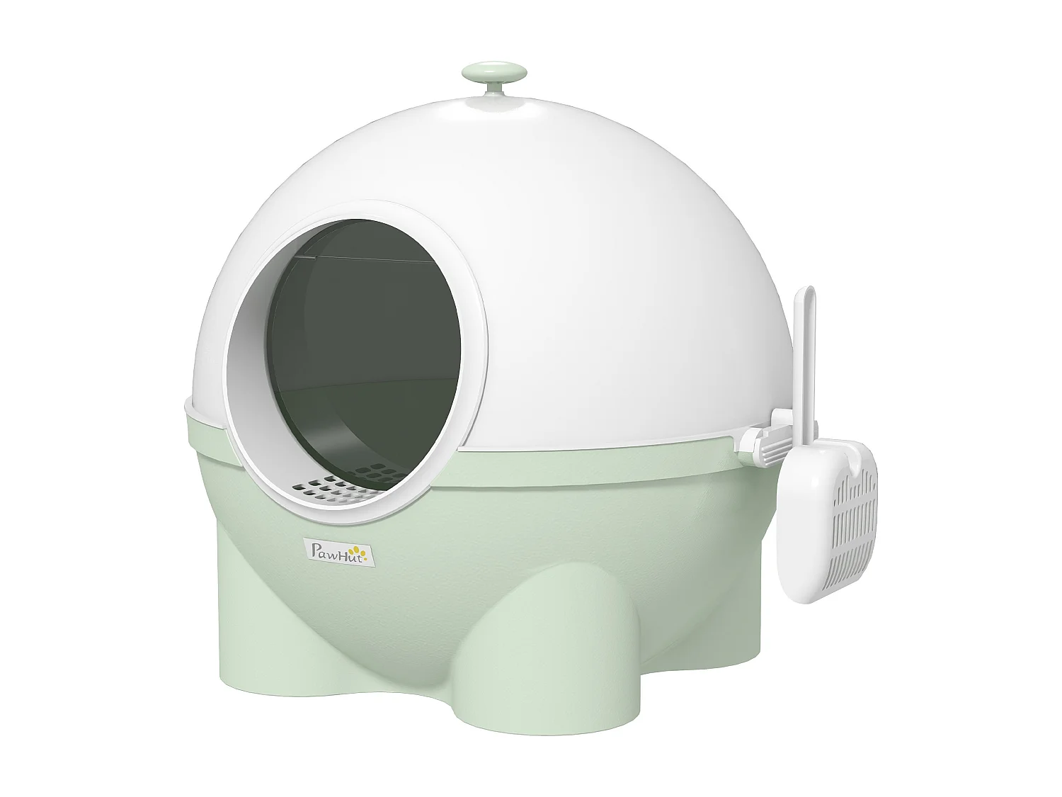 Maison de toilette pour chat design boule - porte battante, couvercle amovible, pelle - PP vert blanc