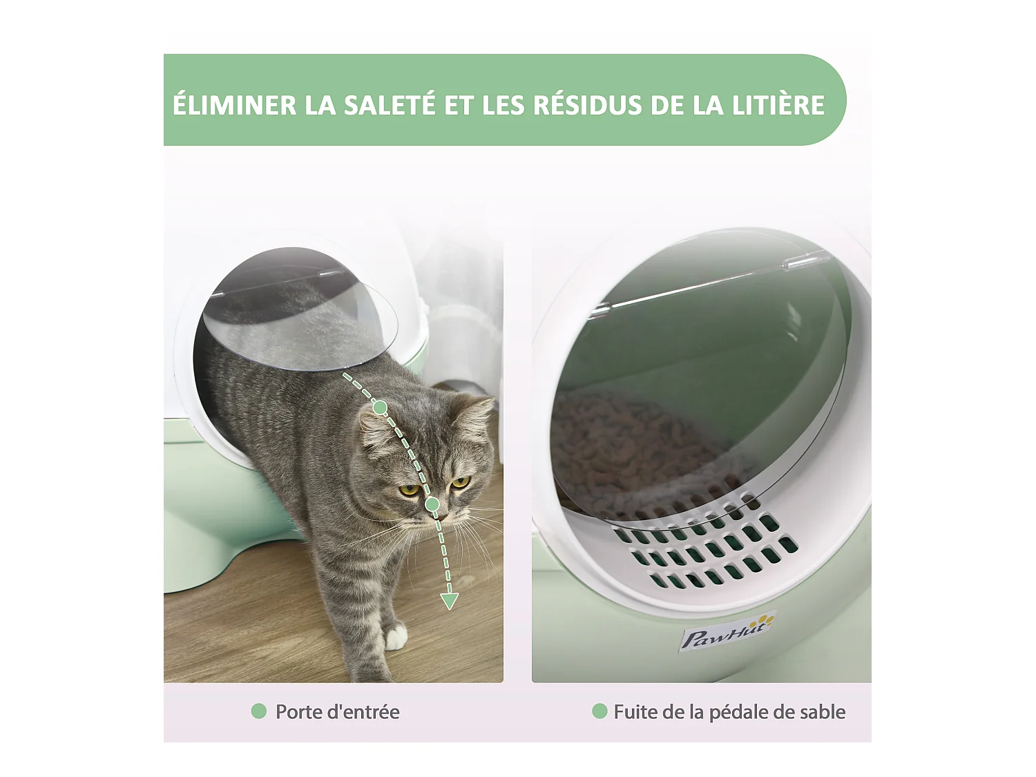 Maison de toilette pour chat design boule - porte battante, couvercle amovible, pelle - PP vert blanc