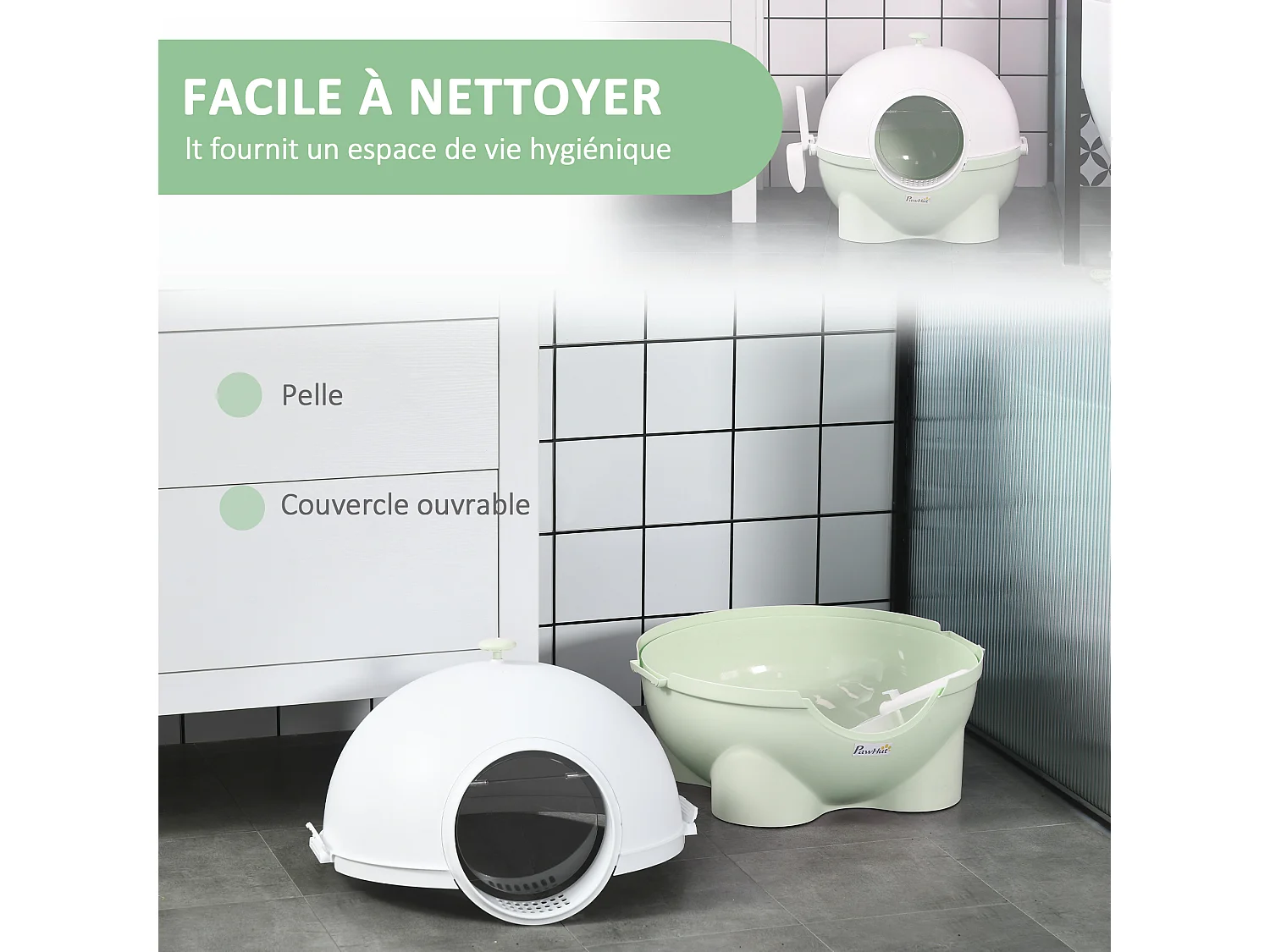 Maison de toilette pour chat design boule - porte battante, couvercle amovible, pelle - PP vert blanc