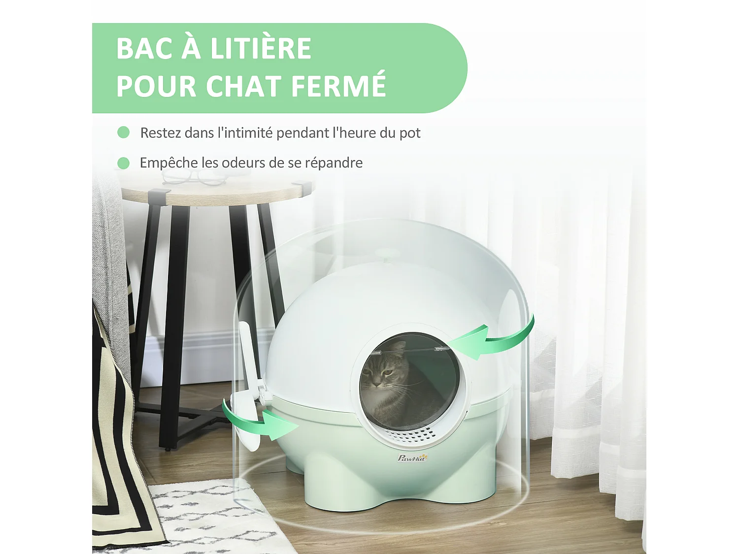 Maison de toilette pour chat design boule - porte battante, couvercle amovible, pelle - PP vert blanc