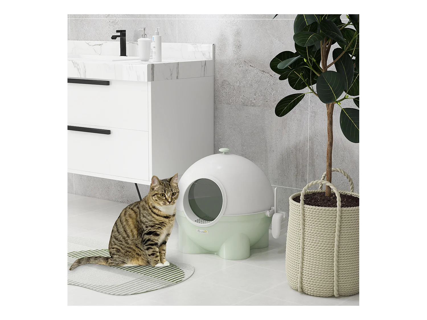 Maison de toilette pour chat design boule - porte battante, couvercle amovible, pelle - PP vert blanc
