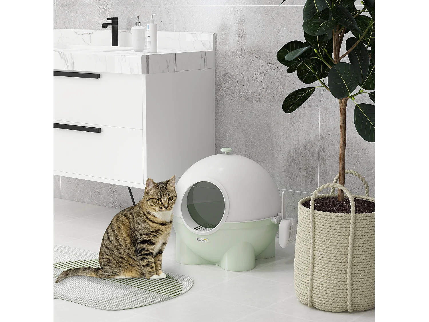 Maison de toilette pour chat design boule - porte battante, couvercle amovible, pelle - PP vert blanc