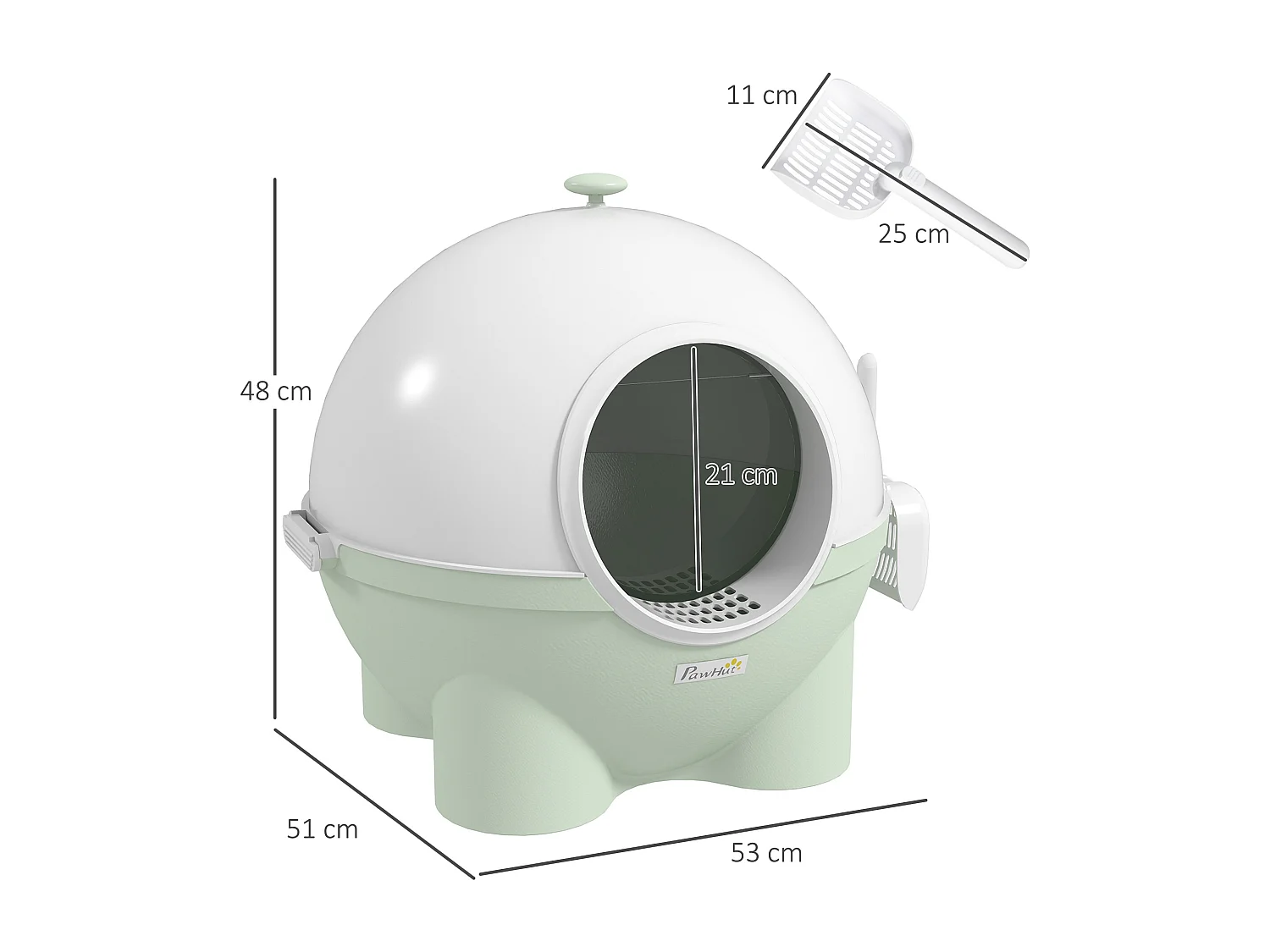 Maison de toilette pour chat design boule - porte battante, couvercle amovible, pelle - PP vert blanc