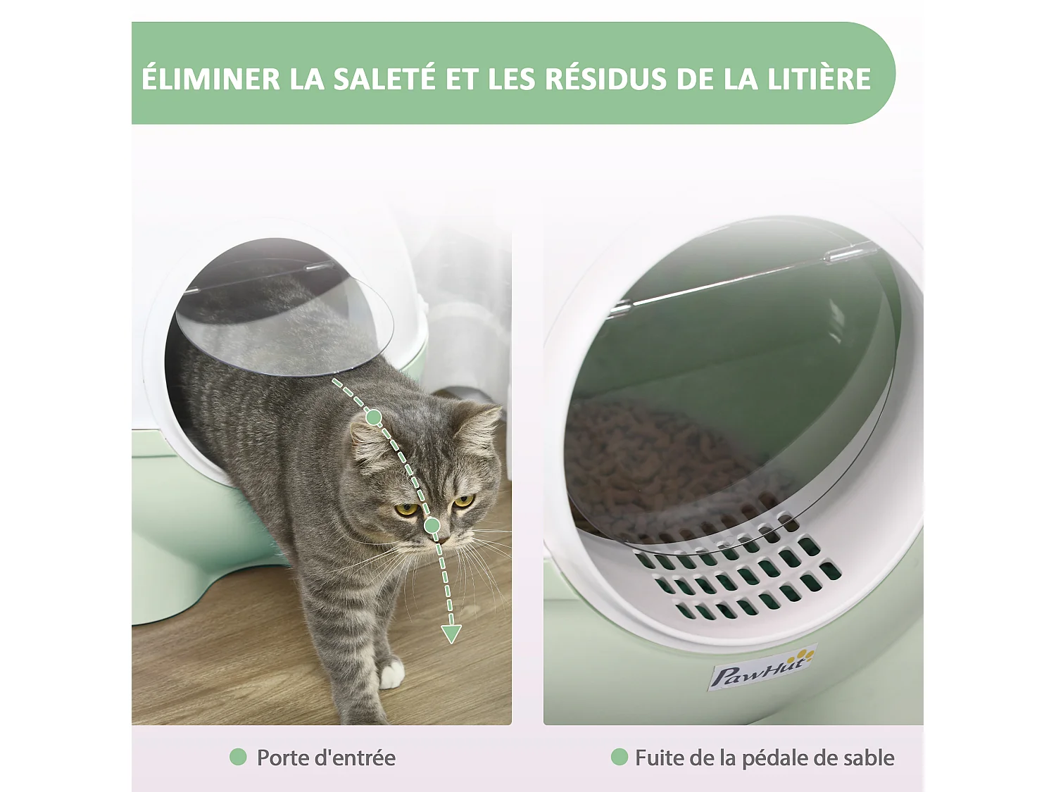 Maison de toilette pour chat design boule - porte battante, couvercle amovible, pelle - PP vert blanc