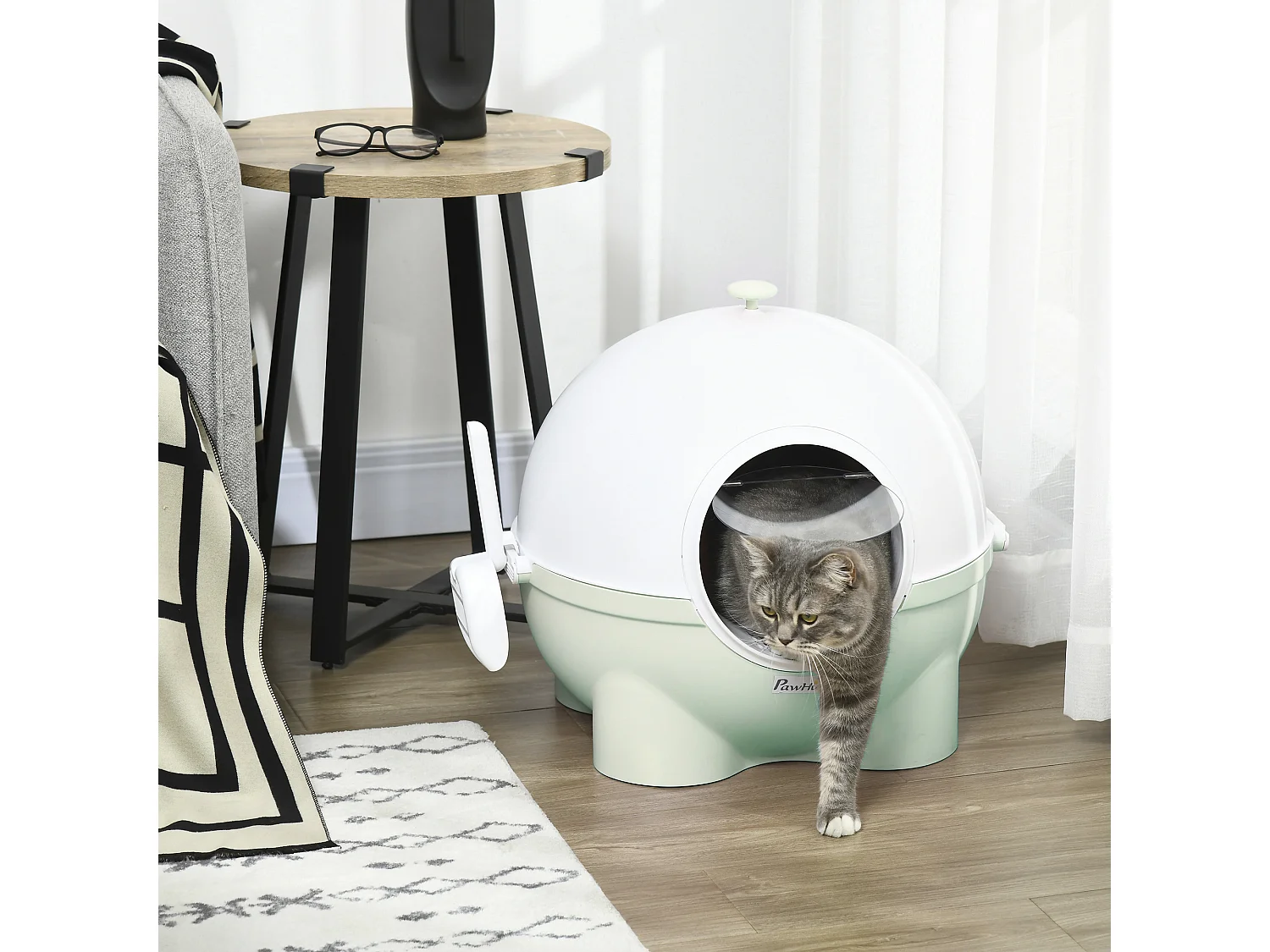 Maison de toilette pour chat design boule - porte battante, couvercle amovible, pelle - PP vert blanc
