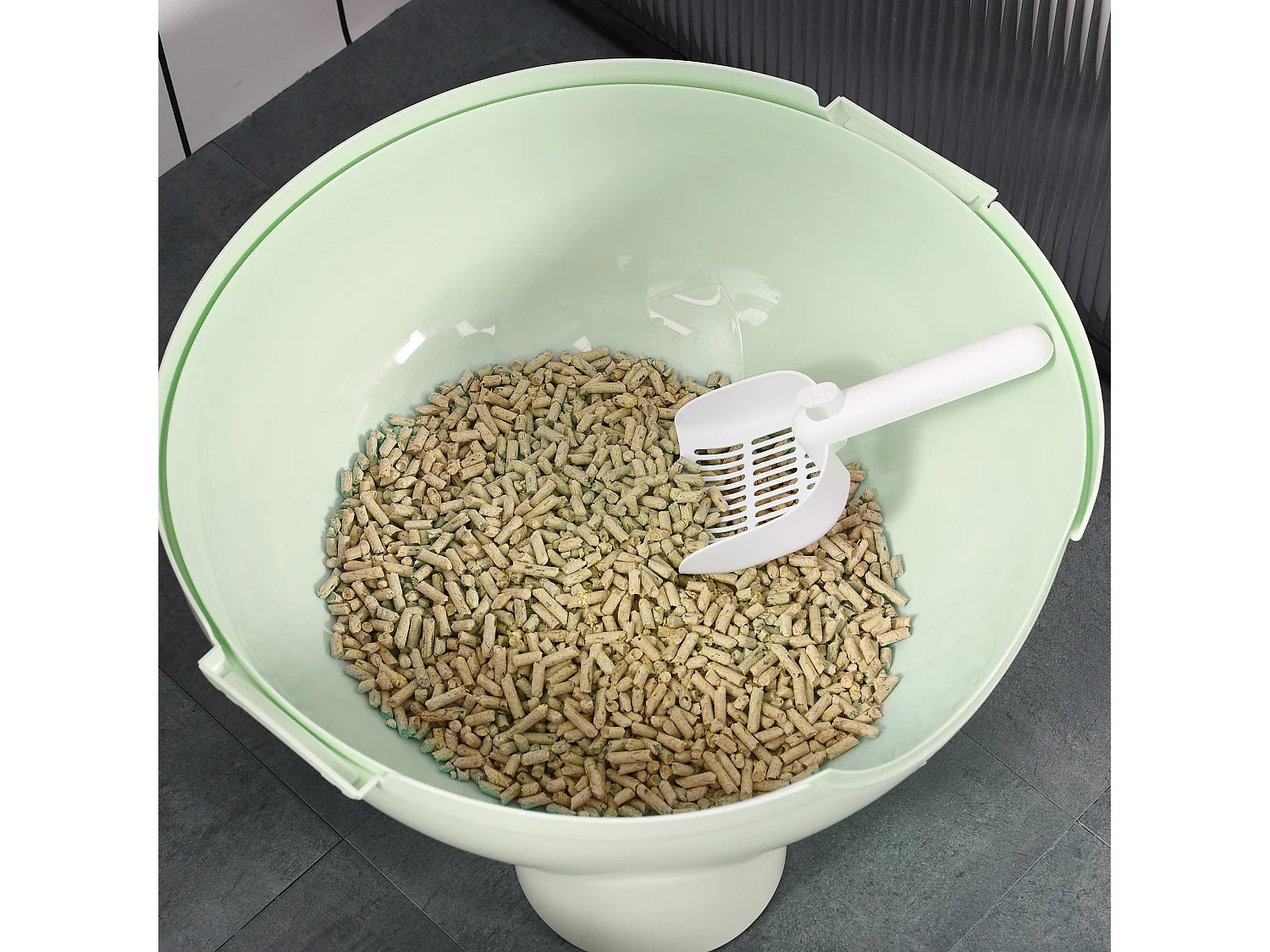 Maison de toilette pour chat design boule - porte battante, couvercle amovible, pelle - PP vert blanc