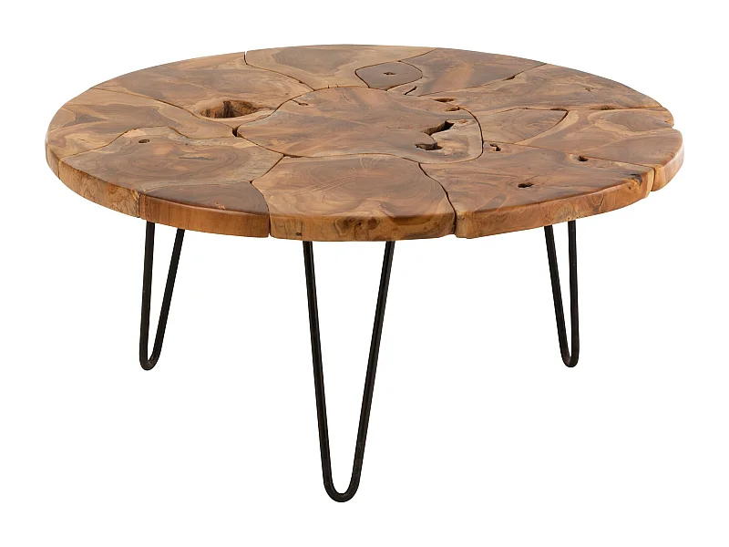 Ronde salontafel in bruin teakhout en zwart metaal Samuel D 79 cm