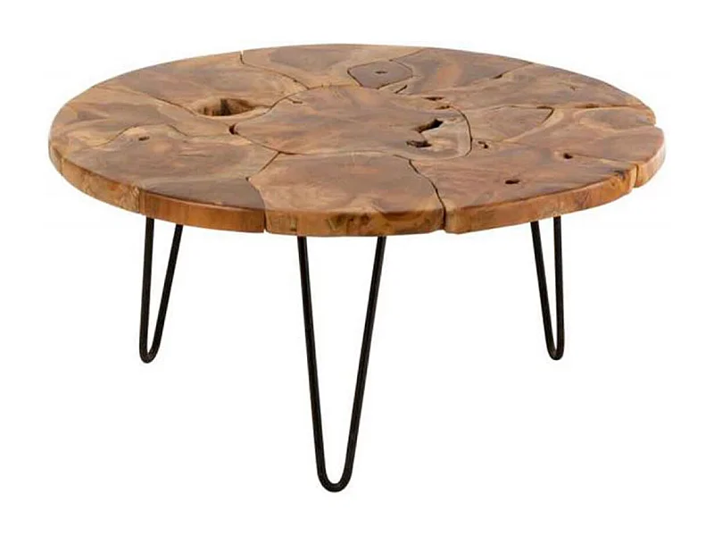 Ronde salontafel in bruin teakhout en zwart metaal Samuel D 79 cm
