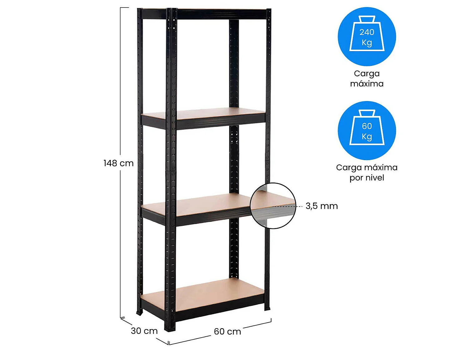 Pack 2 Rayonnages métalliques avec 4 étagères réglables 148x60x30cm 240Kg O91