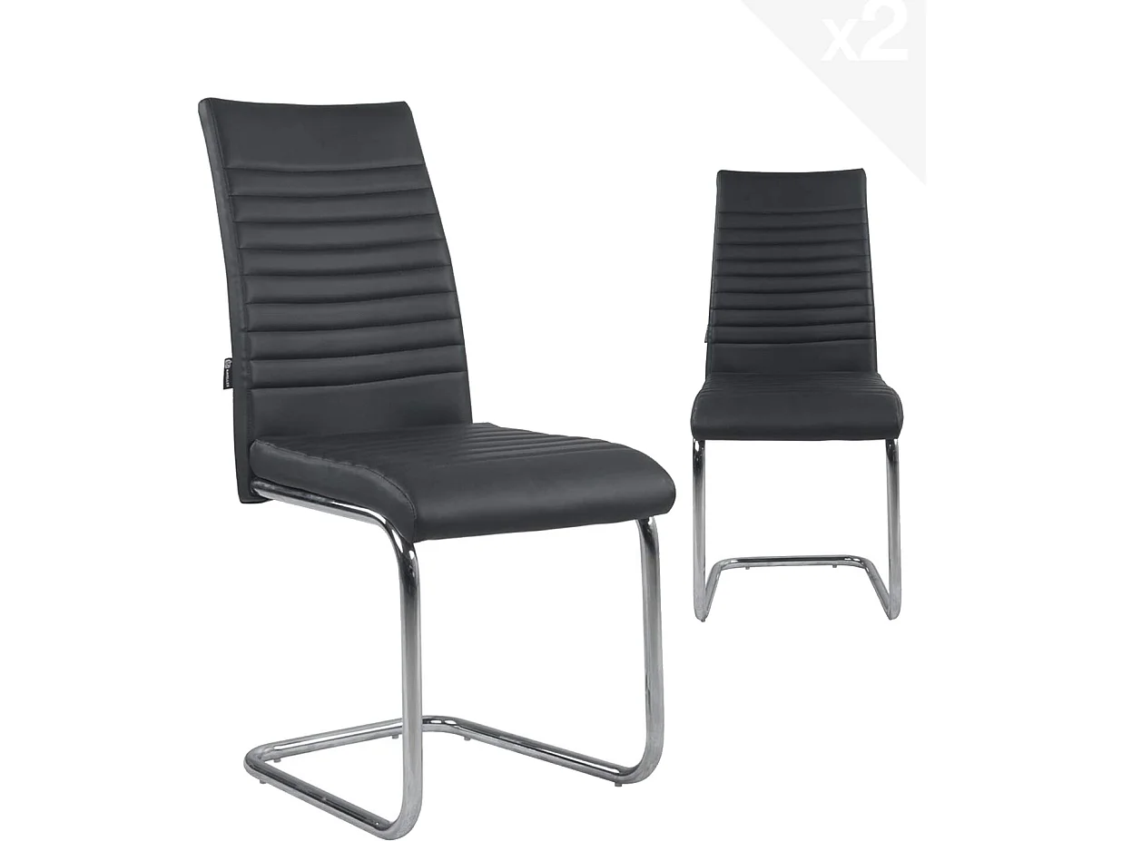 Lote de 2 sillas de comedor de diseño, asiento de cuero sintético acolchado, pata cromada OPUS (negro)