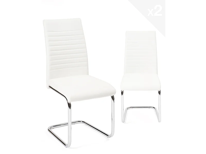 Lot de 2 chaises salle à manger design simili rembourré et surpiqué pied chrome OPUS (blanc)