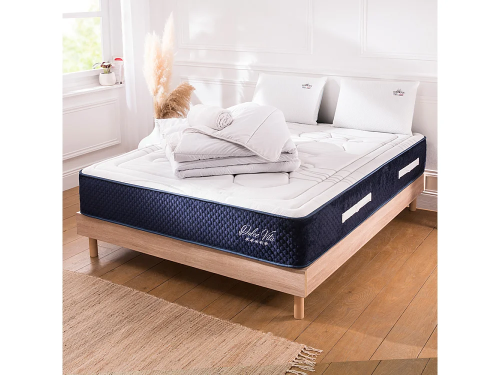 Ensemble Dolce Vita 140x190 cm + sommier bois + accessoires - Ressorts + mémoire - Ép. 28 cm