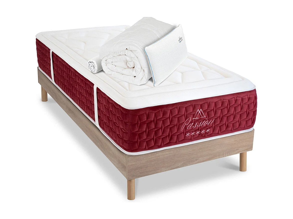 Ensemble Passion 90x200 cm + sommier bois + accessoires - Ressorts + mémoire - Ép. 32 cm
