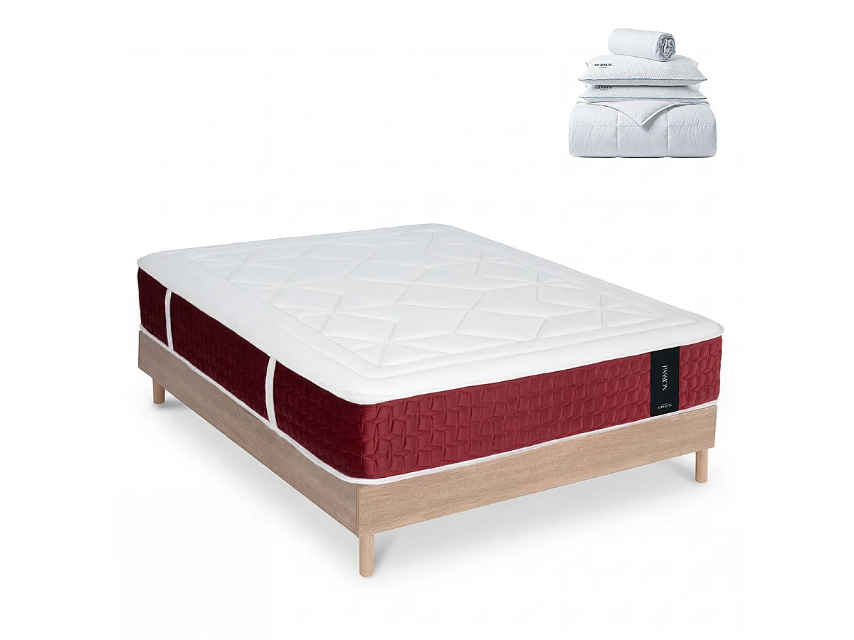 Ensemble Passion 90x200 cm + sommier bois + accessoires - Ressorts + mémoire - Ép. 32 cm