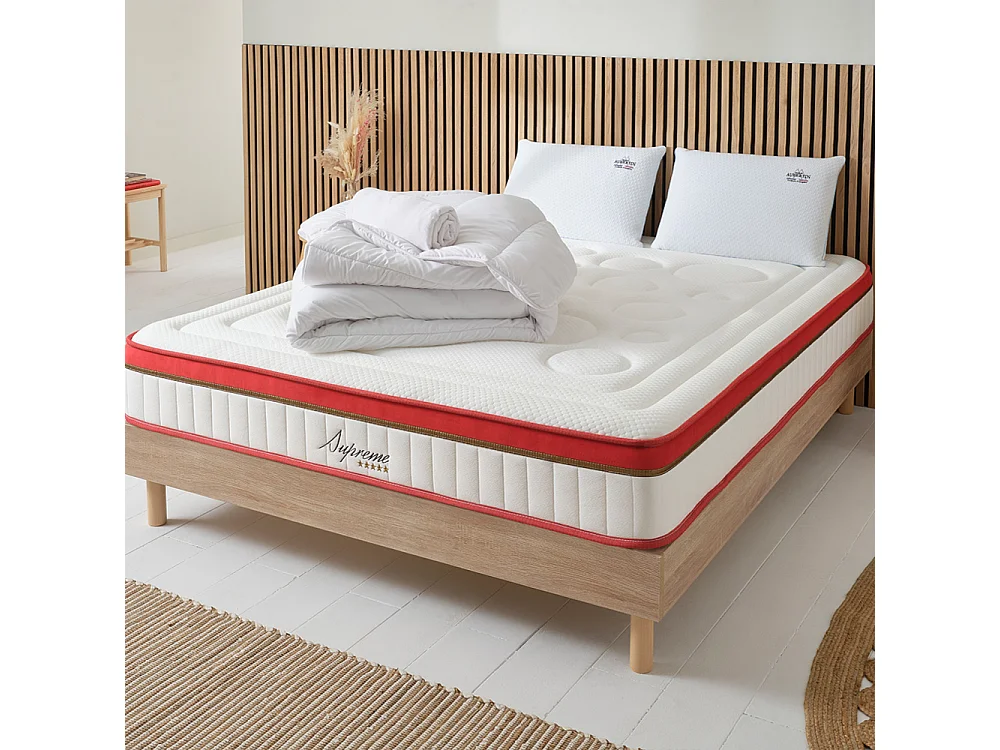 Ensemble Suprême 140x190 cm + sommier bois + accessoires - Mousse HD mémoire - Ép. 24 cm