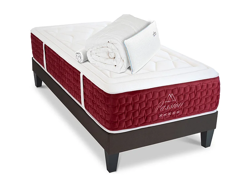 Ensemble Matelas Passion Ressorts ensachés Accueil mémoire + sommier gris + accessoires - 90 x 190cm
