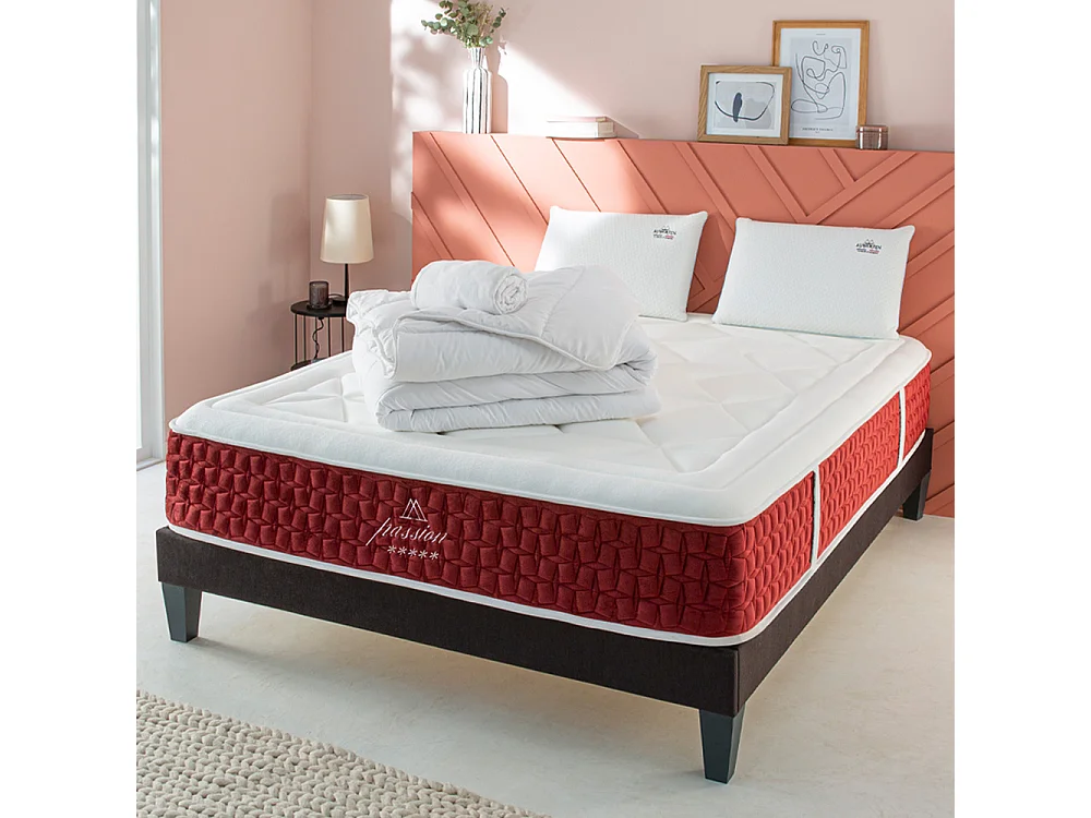 Ensemble Passion 90x200 cm + sommier gris + accessoires - Ressorts + mémoire - Ép. 32 cm