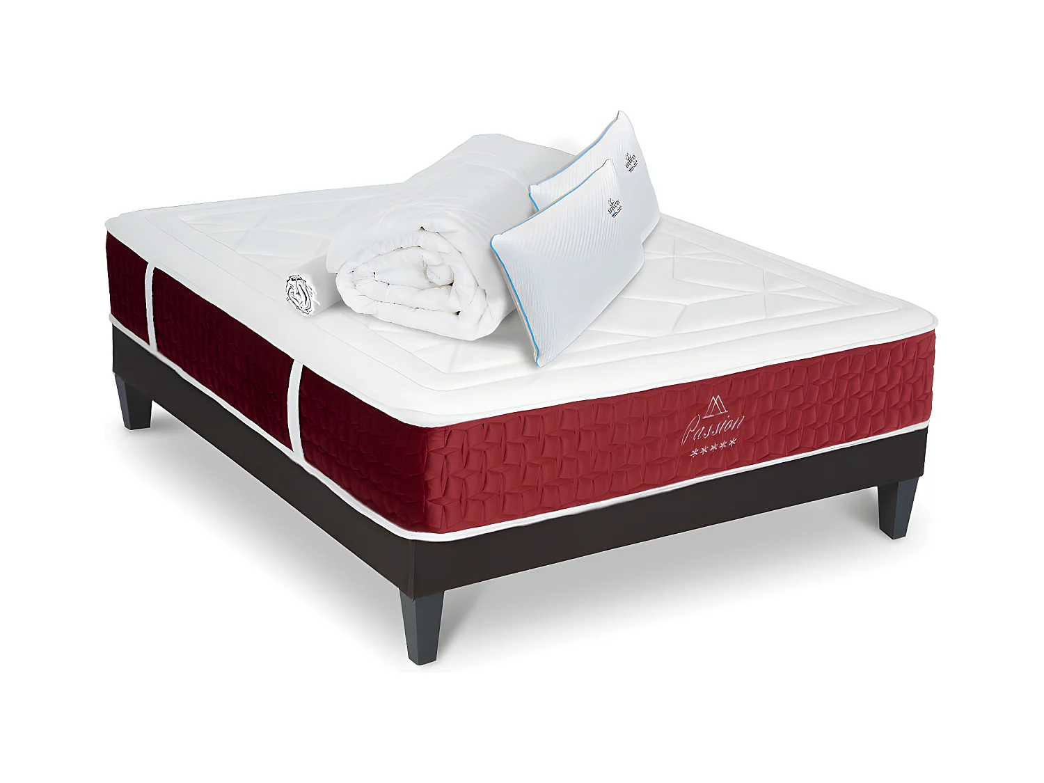 Ensemble Matelas Passion Ressorts ensachés Accueil mémoire + sommier gris + accessoires - 160 x 200