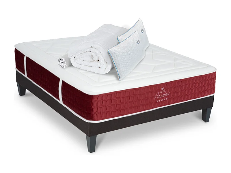 Ensemble Matelas Passion Ressorts ensachés Accueil mémoire + sommier gris gris + accessoires-140x200