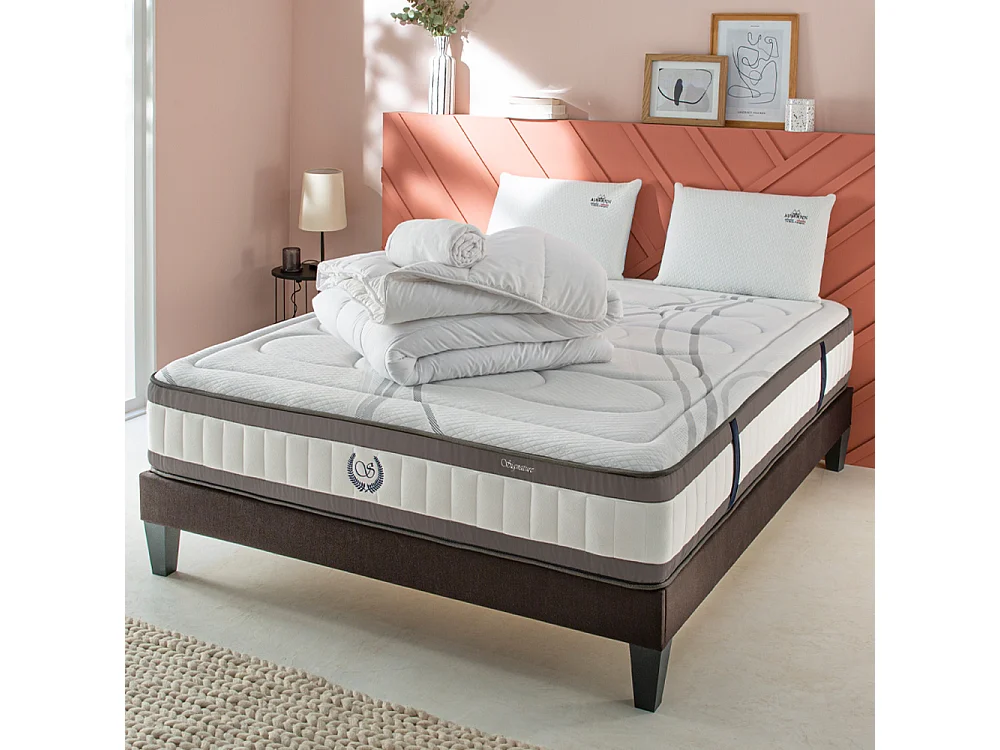 Ensemble Matelas Signature Ressorts ensachés Accueil mémoire + sommier gris + accessoires -140 x 200