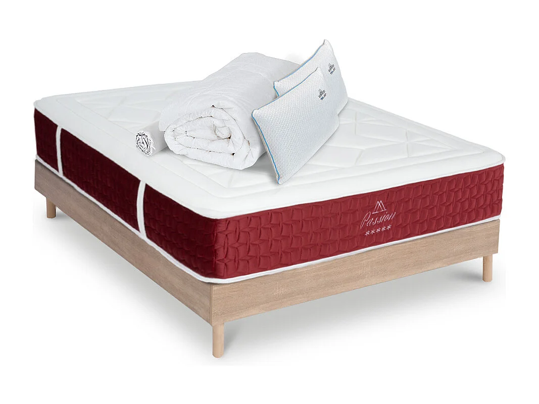Ensemble Passion 160x200 cm + sommier bois + accessoires - Ressorts + mémoire - Ép. 32 cm