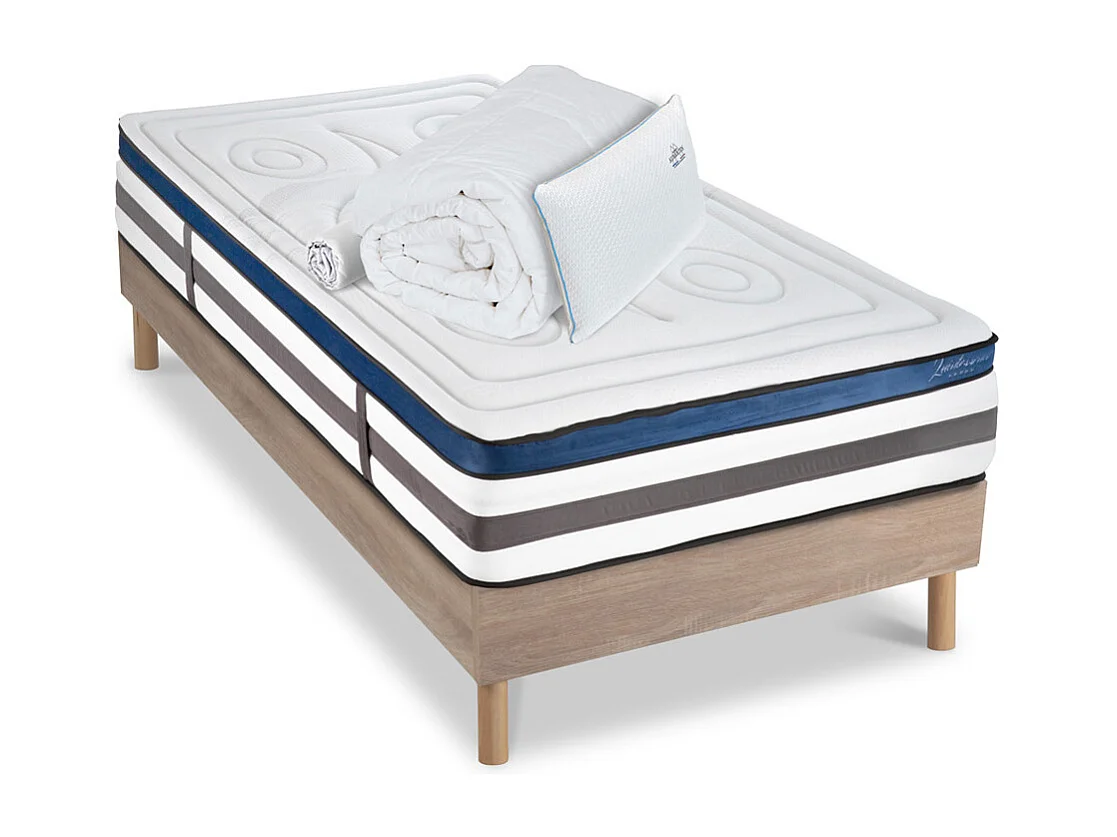 Ensemble Quintessence 90x200 cm + sommier bois + accessoires - Mousse HD mémoire - Ép. 30 cm