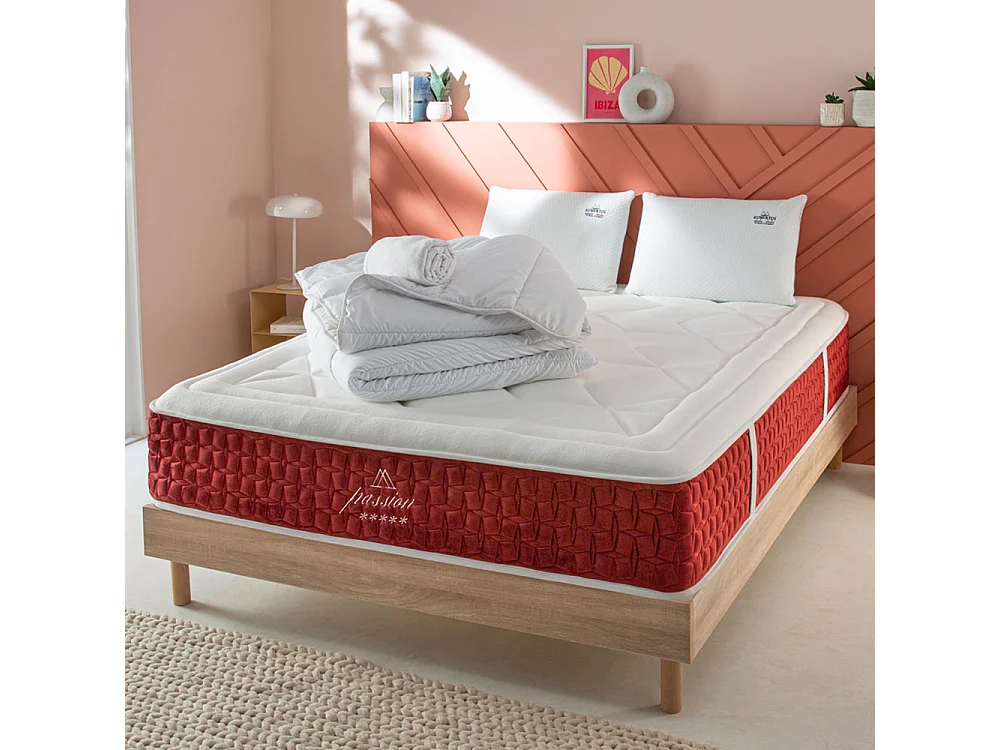 Ensemble Passion 90x190 cm + sommier bois + accessoires - Ressorts + mémoire - Ép. 32 cm