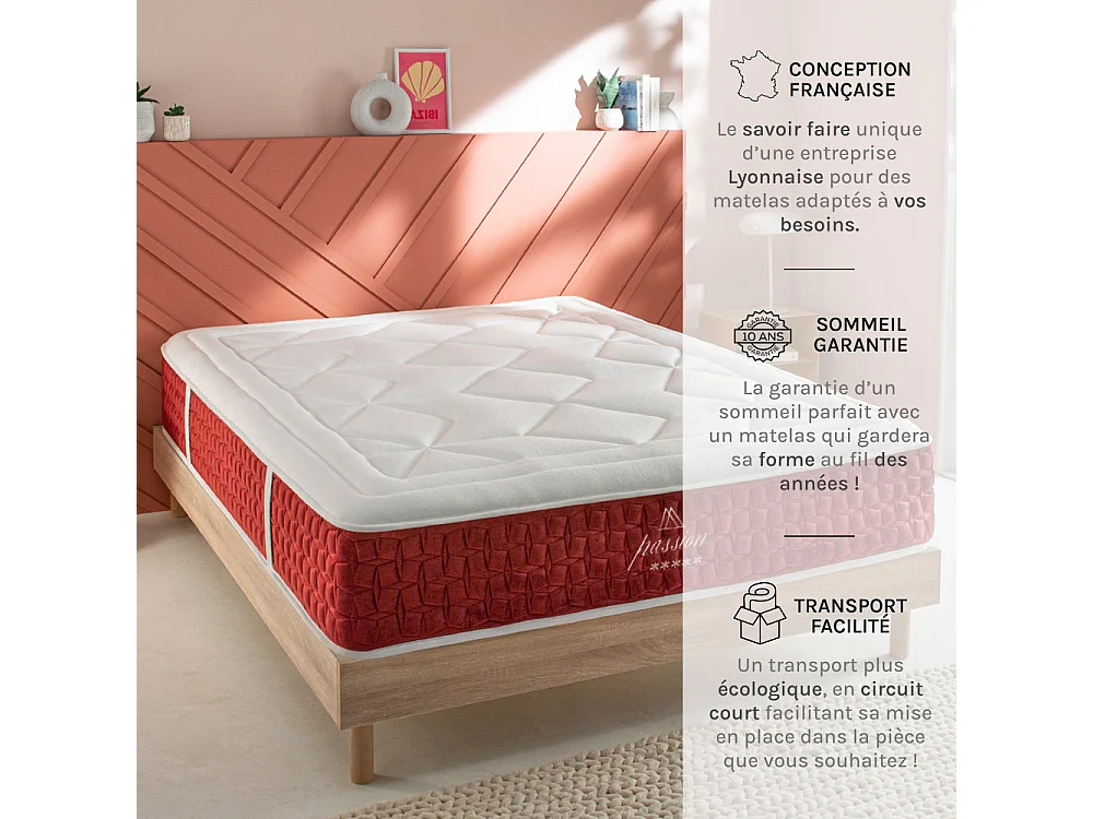 Ensemble Passion 90x190 cm + sommier bois + accessoires - Ressorts + mémoire - Ép. 32 cm