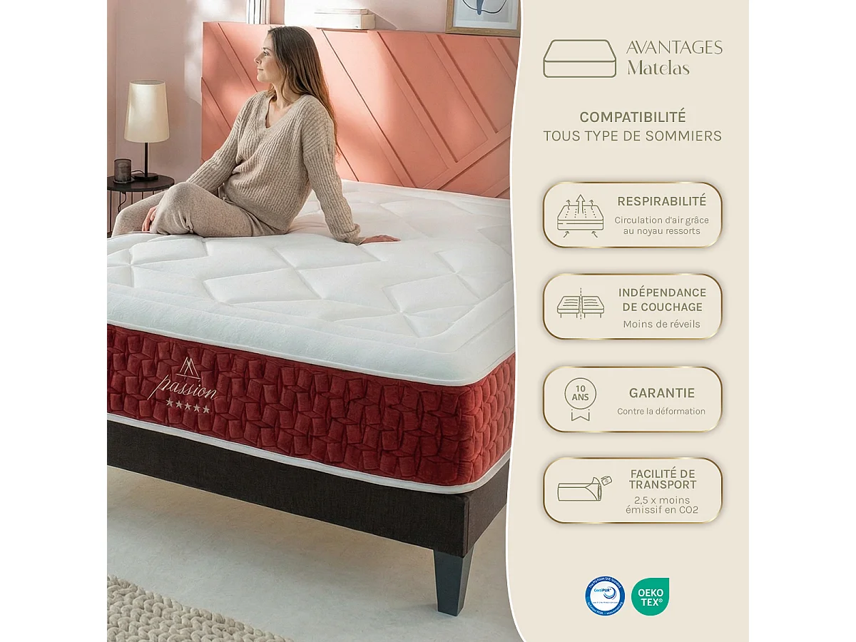Matelas Passion 140x190 cm - Ressorts + mémoire - Ép. 32 cm