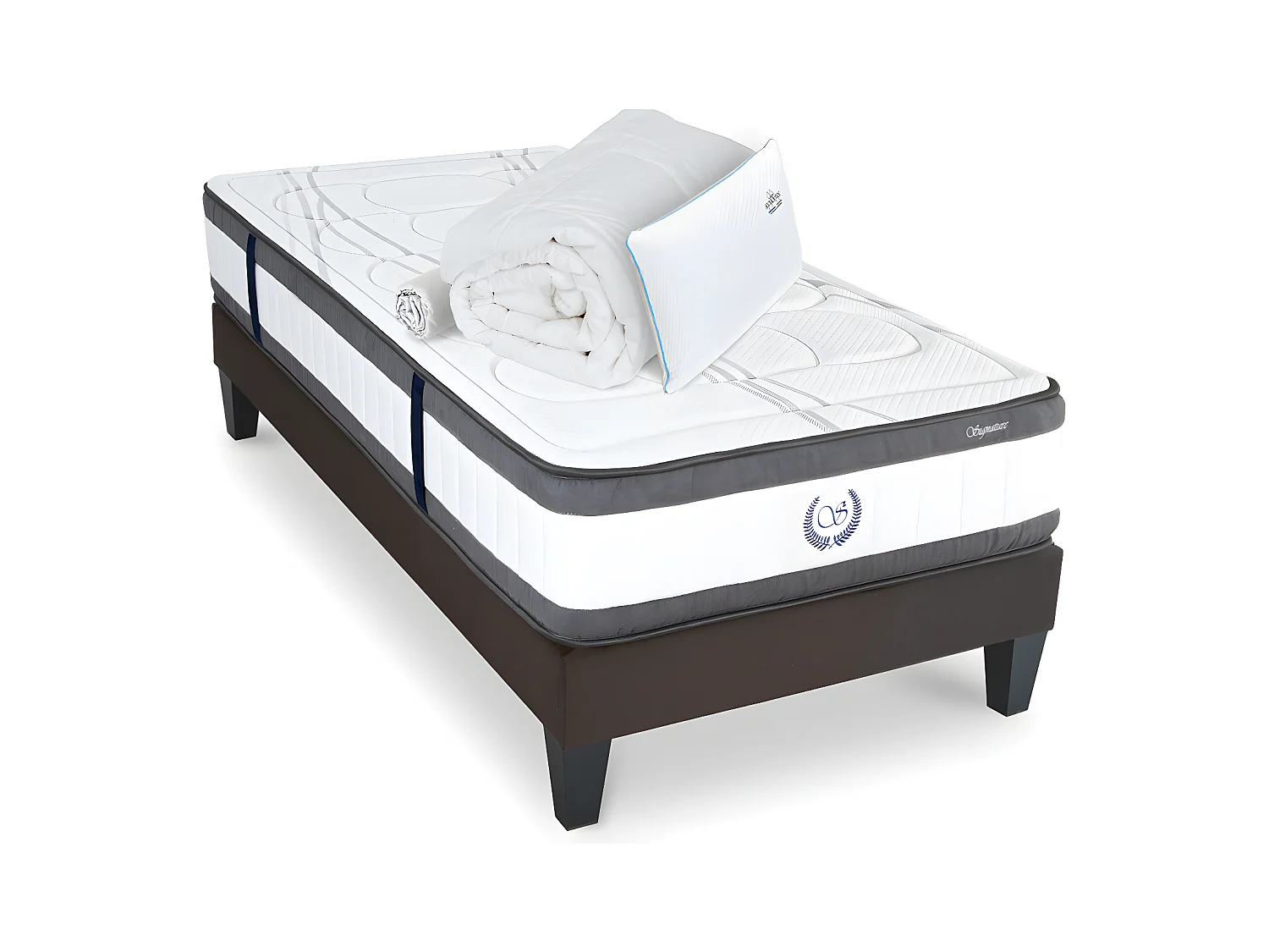 Ensemble Matelas Signature Ressorts ensachés Accueil mémoire + sommier gris + accessoires 90 x 200cm