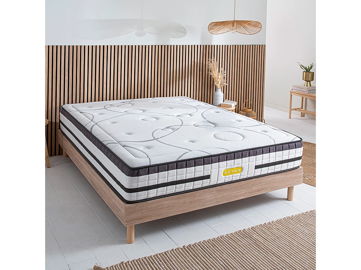 Ensemble Concorde 140x200 cm + sommier bois + accessoires - Ressorts + mémoire - Ép. 26 cm