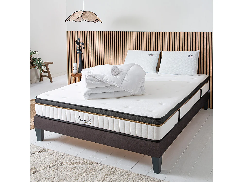 Ensemble Emeraude 90x190 cm + sommier bois + accessoires - Mousse mémoire - Ép. 24 cm