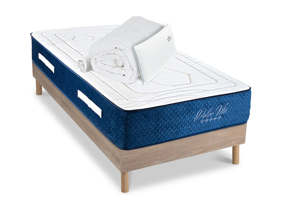 Ensemble Dolce Vita 90x190 cm + sommier bois + accessoires - Ressorts + mémoire - Ép. 28 cm