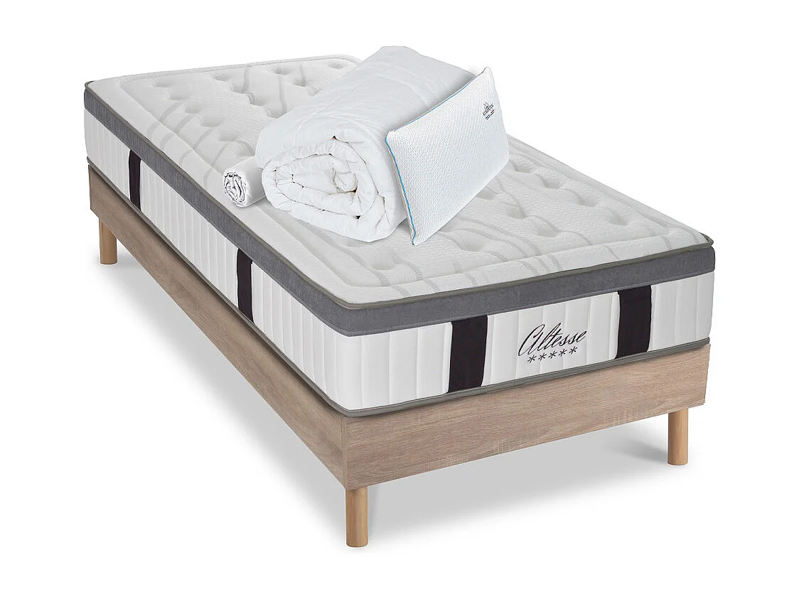 Matelas Altesse Mousse  Accueil Mémoire de forme+ sommier bois + accessoires - 90 x190 cm
