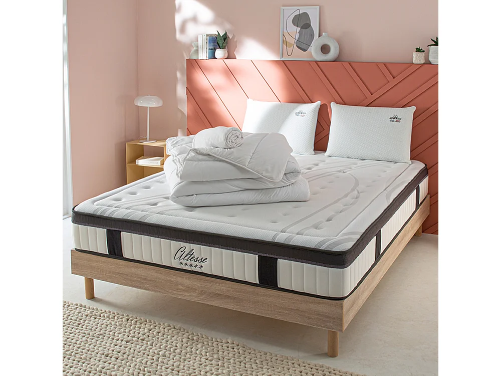 Ensemble Altesse 90x190 cm + sommier bois + accessoires - Mousse HD mémoire - Ép. 26 cm