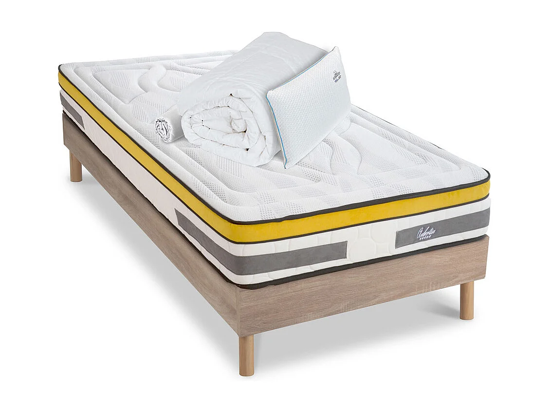 Ensemble Aubertin 90x190 cm + sommier bois + accessoires - Ressorts + mémoire - Ép. 24 cm