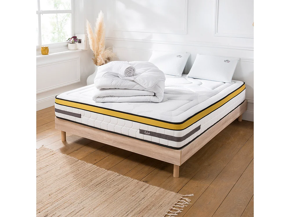 Ensemble Aubertin 90x190 cm + sommier bois + accessoires - Ressorts + mémoire - Ép. 24 cm