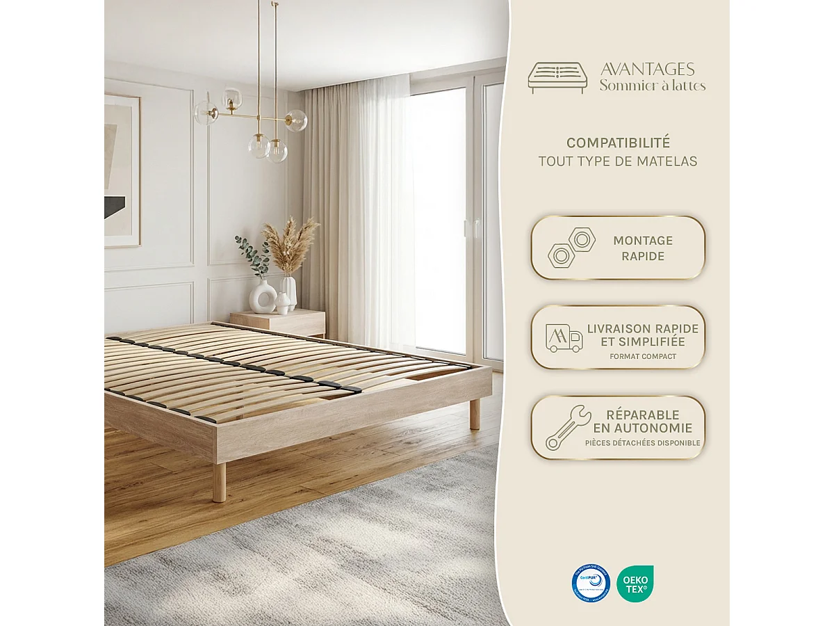 Ensemble Aubertin 90x190 cm + sommier bois + accessoires - Ressorts + mémoire - Ép. 24 cm