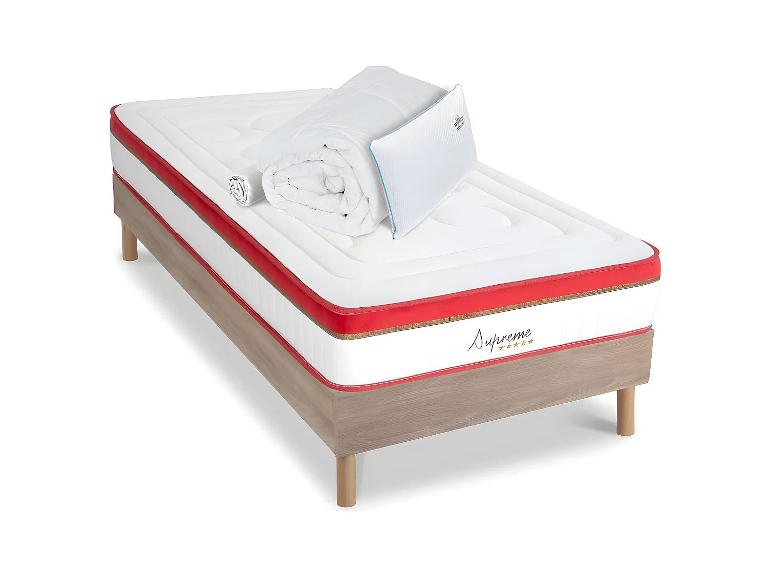 Matelas Altesse Mousse  Accueil Mémoire de forme+ sommier bois + accessoires - 90 x200 cm