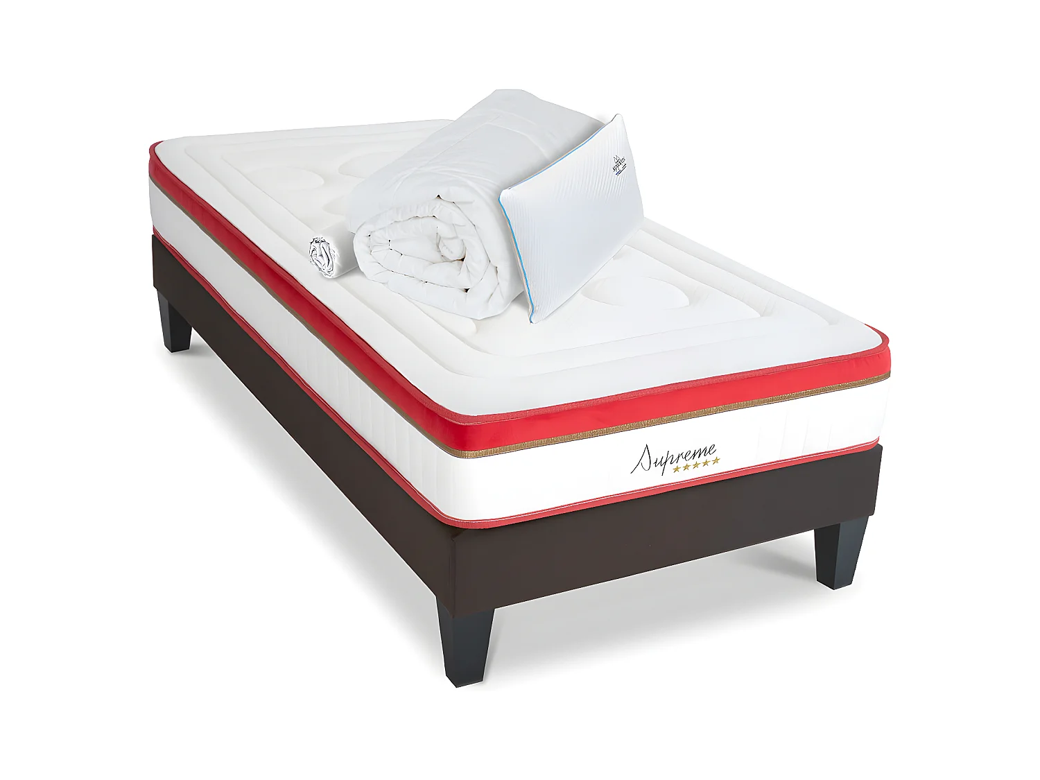 Matelas Suprême Mousse  Accueil Mémoire de forme+ sommier gris + accessoires - 90 x200 cm