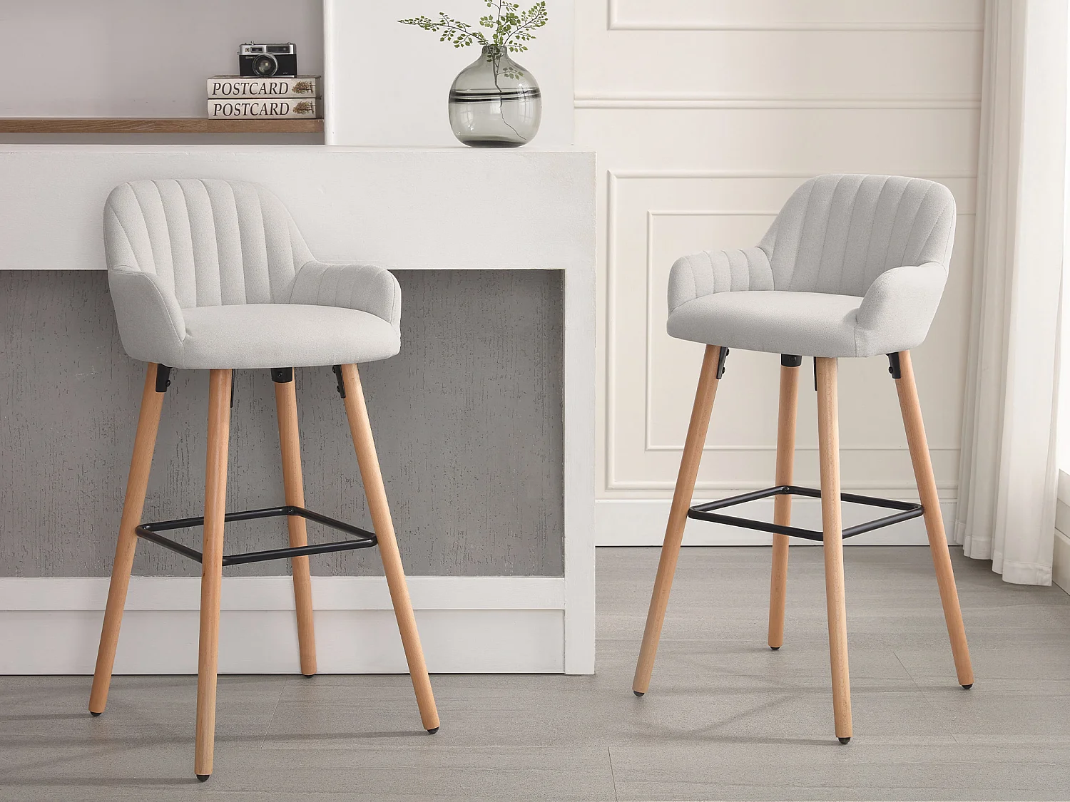 Tabouret de bar en tissu et pieds bois de hêtre - Crème - ELEANA