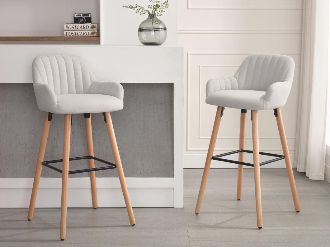 taburete alto de tela y patas de madera de haya - Crema - ELEANA