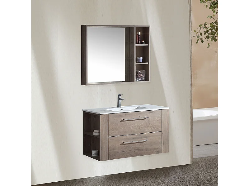Ensemble meuble salle de bain 80 cm chêne brun Aquanoma