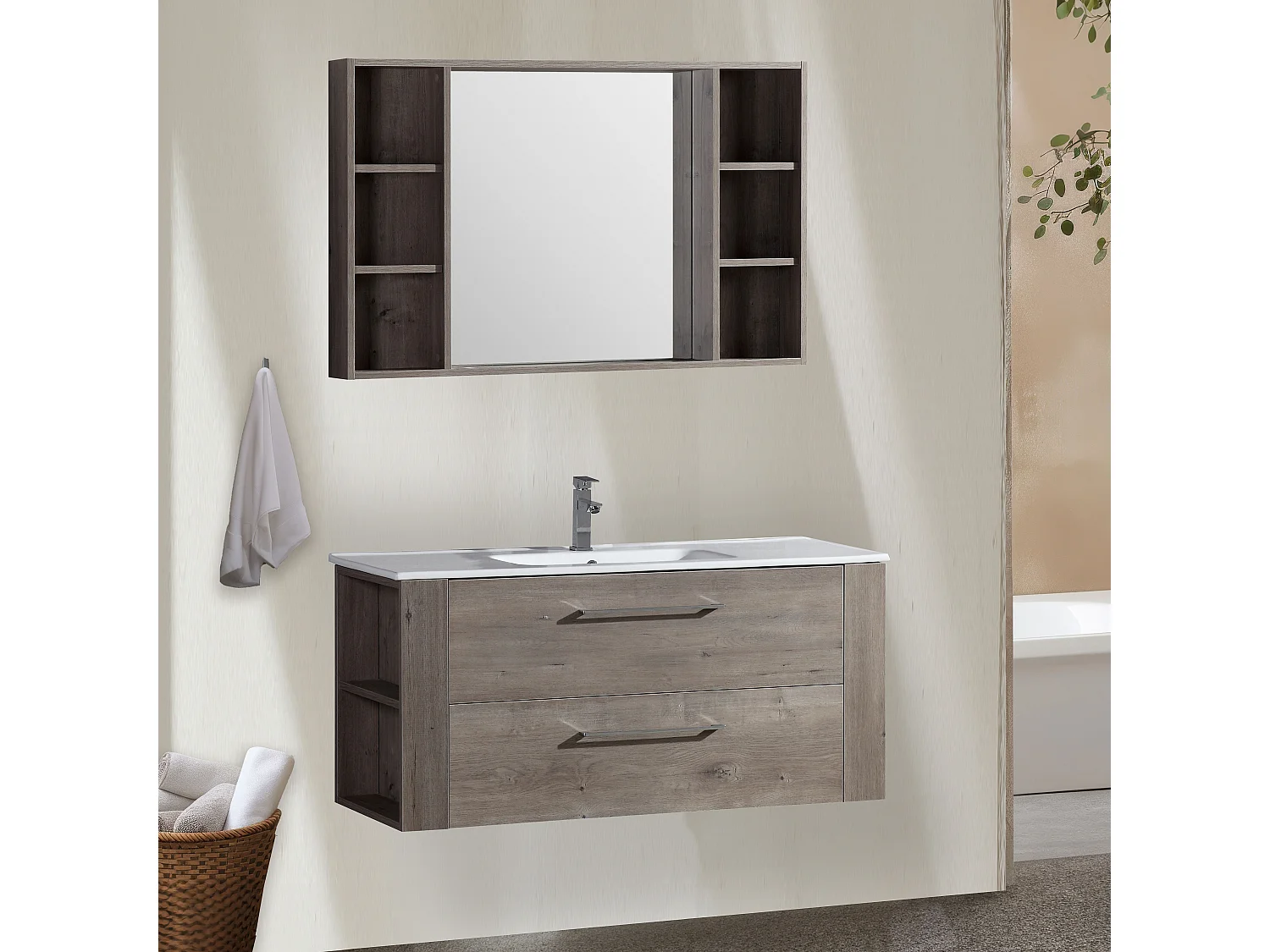 Ensemble meuble salle de bain 120 cm chêne brun Aquanoma