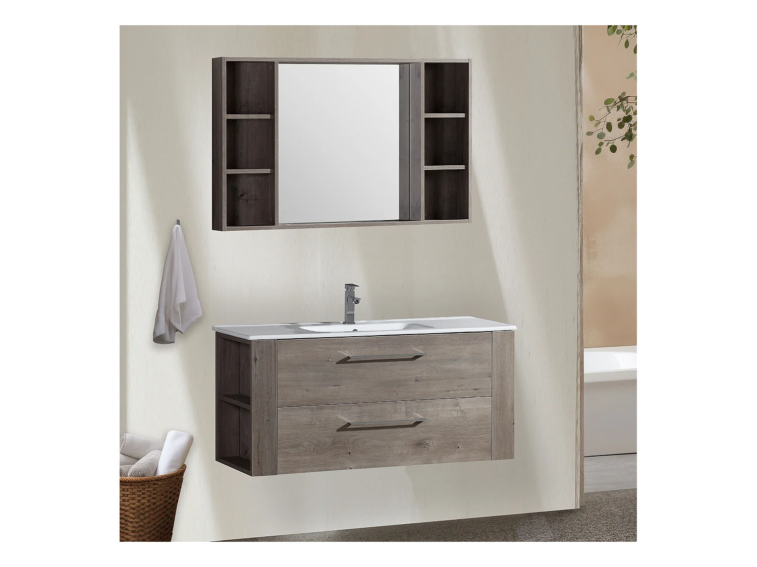 Ensemble meuble salle de bain 120 cm chêne brun Aquanoma